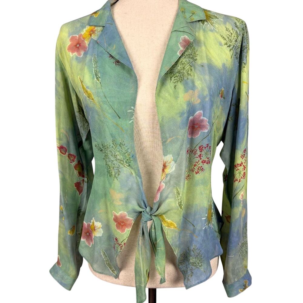 Platinum Sheer Watercolor Floral Tie Front Blouse Size 10